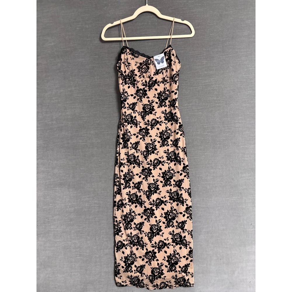 NEW No Comment Dress S Black Floral Velvet Burnout Mesh Lace Midi Bodycon Slip